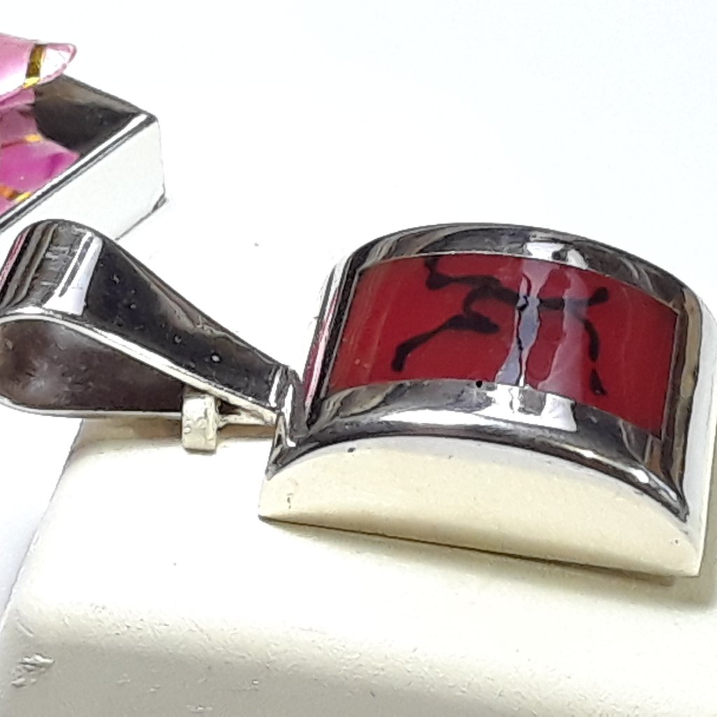 Estate 1/2 Rounded Square Red & Black Inlay Sterling Silver Slide Pendant #18364